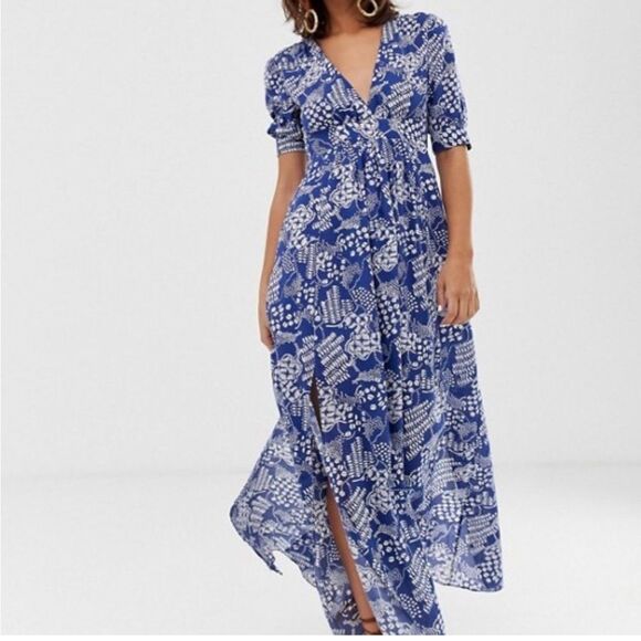 &Other Stories Cotton Blend Coffee Bean Blue Floral Maxi Dress size 0 - Picture 3 of 10